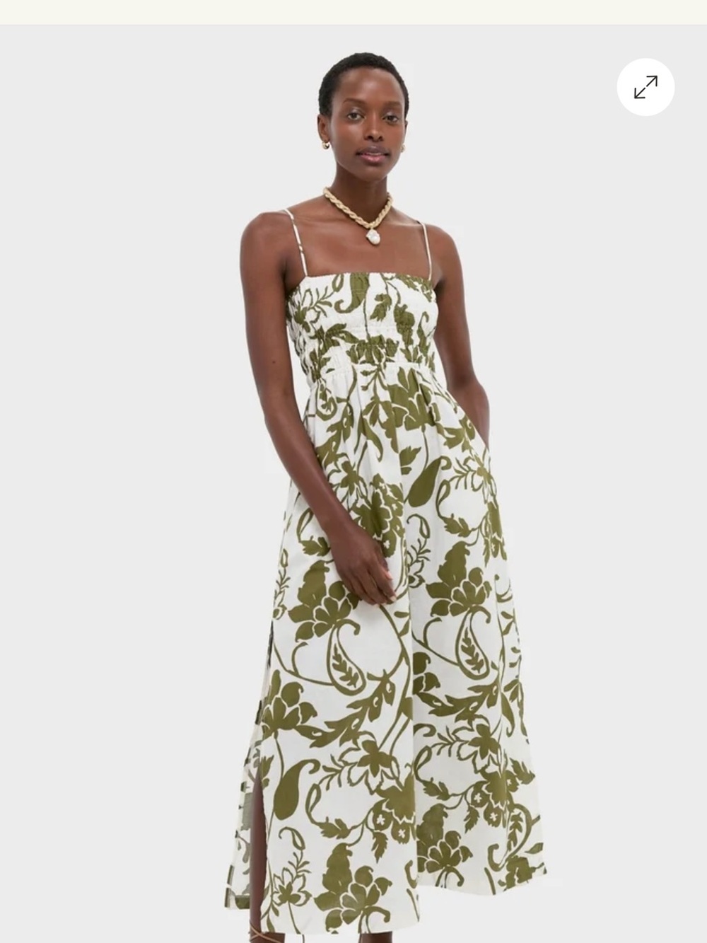 Nude Lucy Olive & White Floral Smocked Maxi Dress